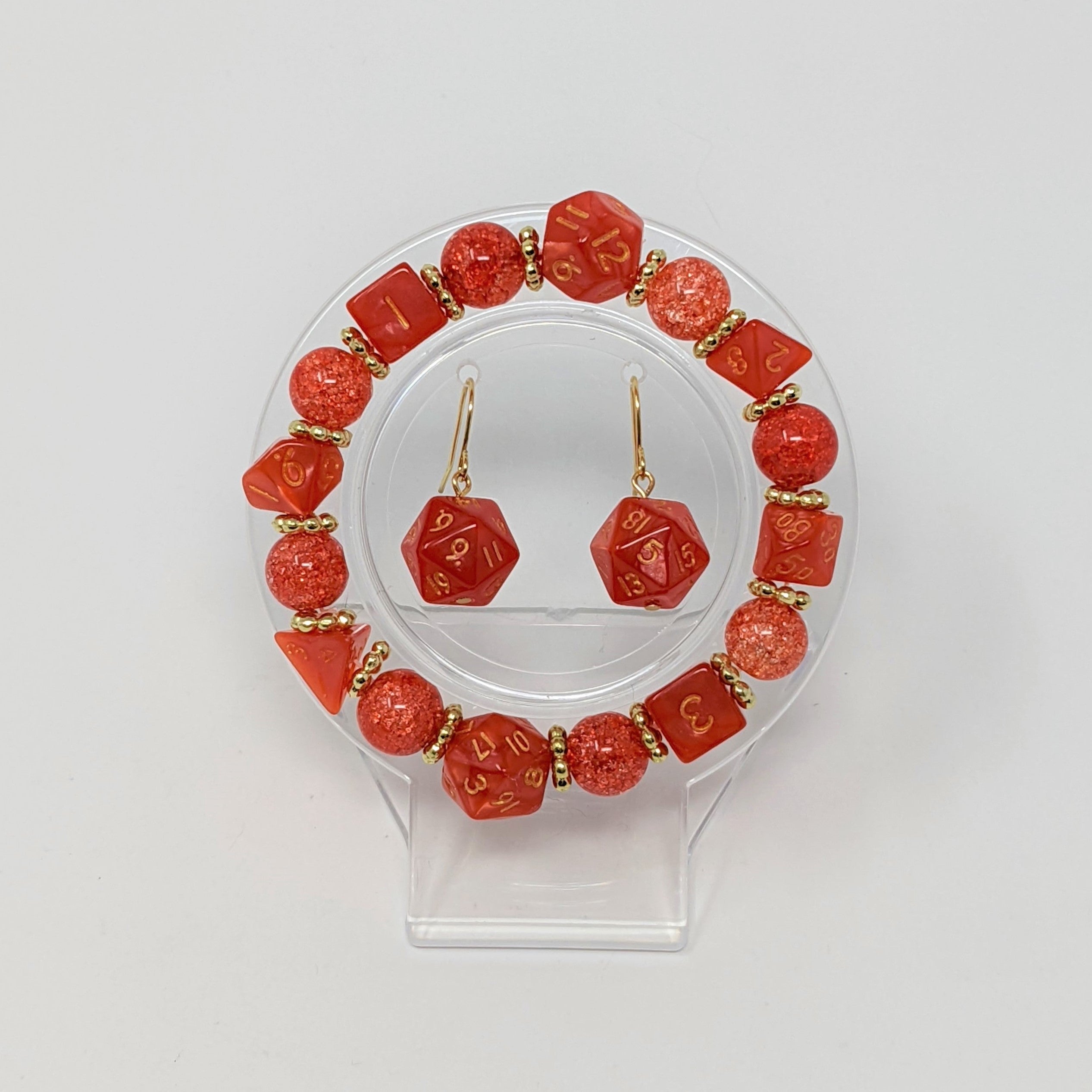 Coral Red Orange Crackle Beads Dice Bracelet